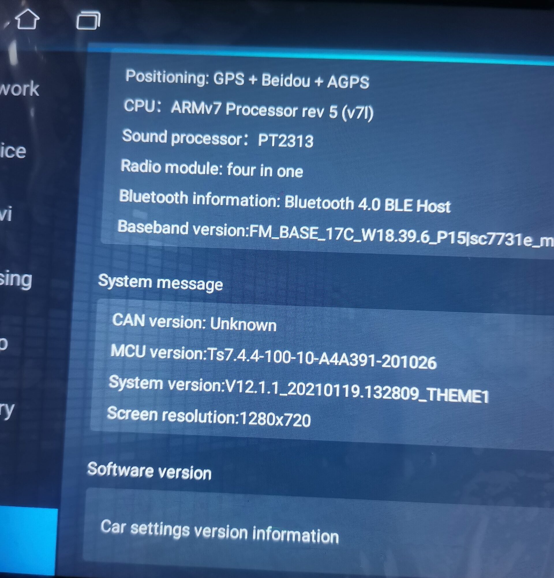 Device settings and system information display